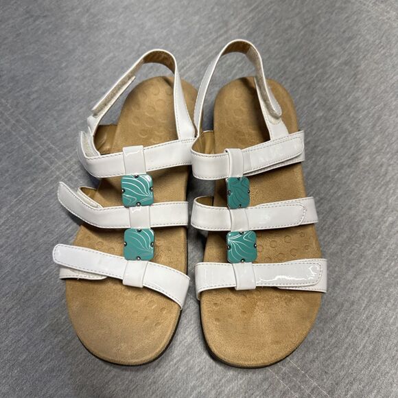 Vionic Amber Sandals Womens Size 7 Strappy Patent Leather White Aqua Gems - Picture 1 of 8